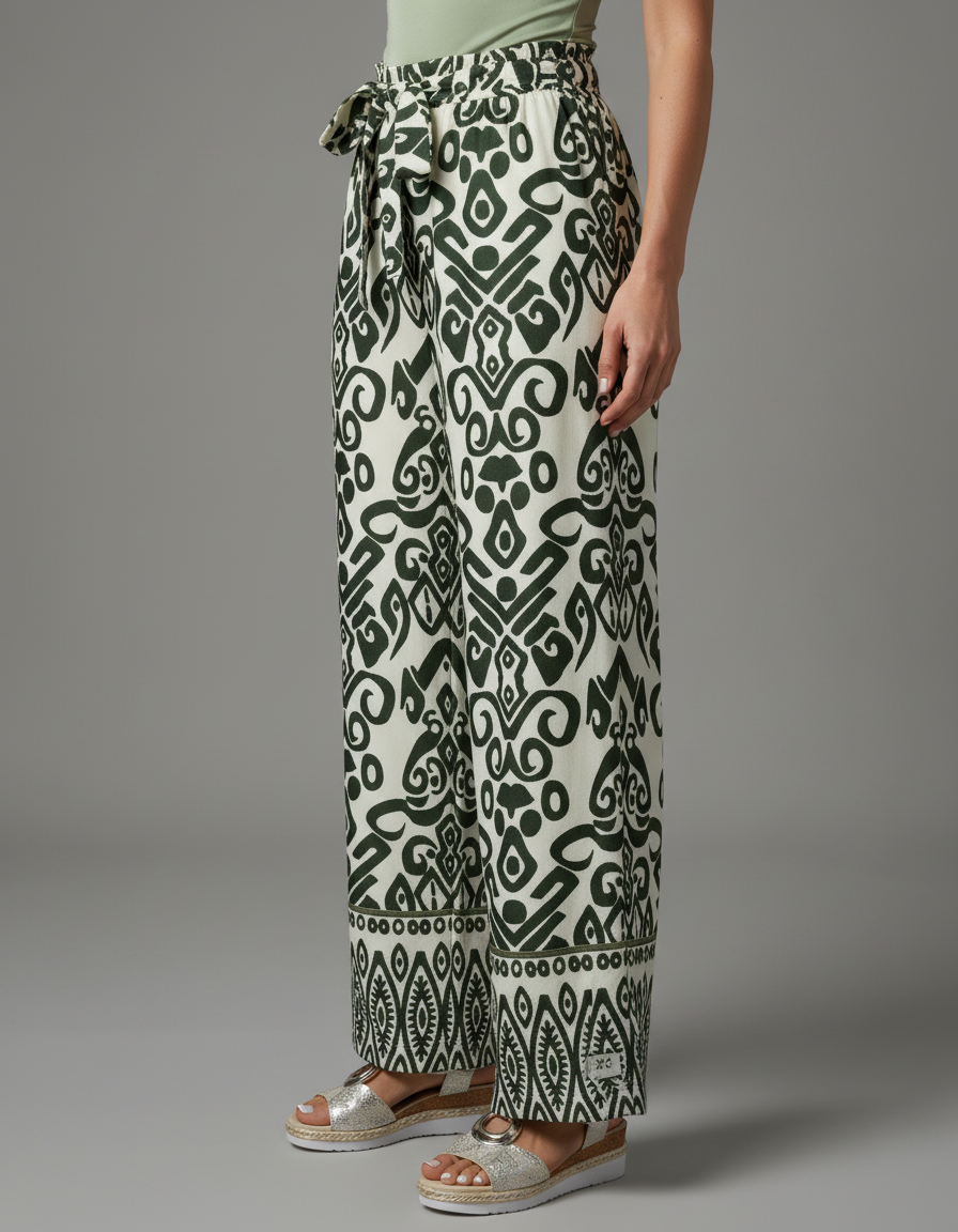 Pantalones de pierna ancha con estampado gráfico. - Caqui